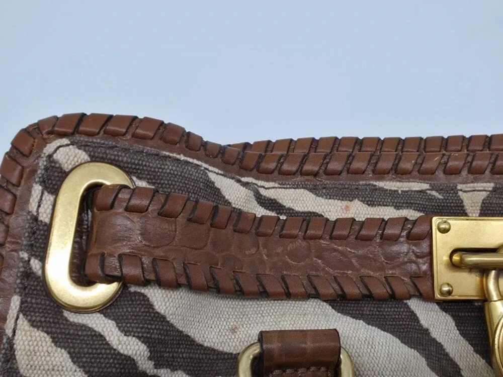 Michael Kors Hamilton Whipped Zebra Canvas Satchel Bag Brown Croc Leather Gold